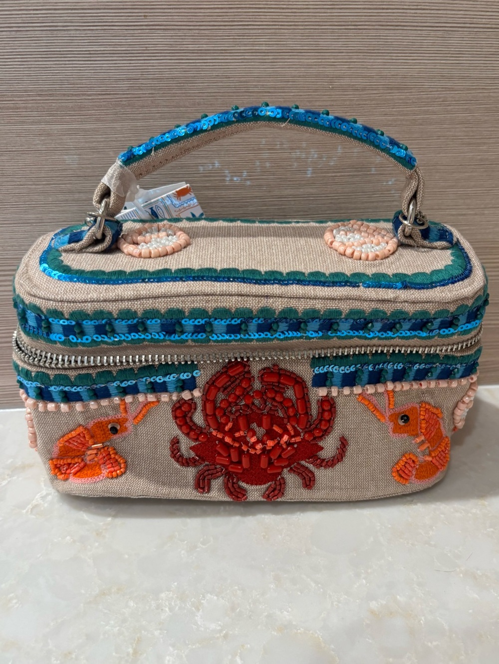 NWT Made in India beaded Crab & Shrimp Canvas Top-Handle Bag